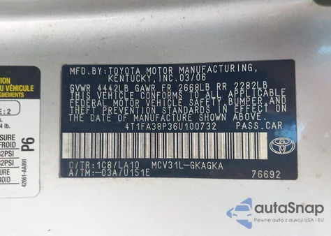 2006 Toyota Camry Solara Sle from USA, damaged, VIN 4T1FA38P36U100732